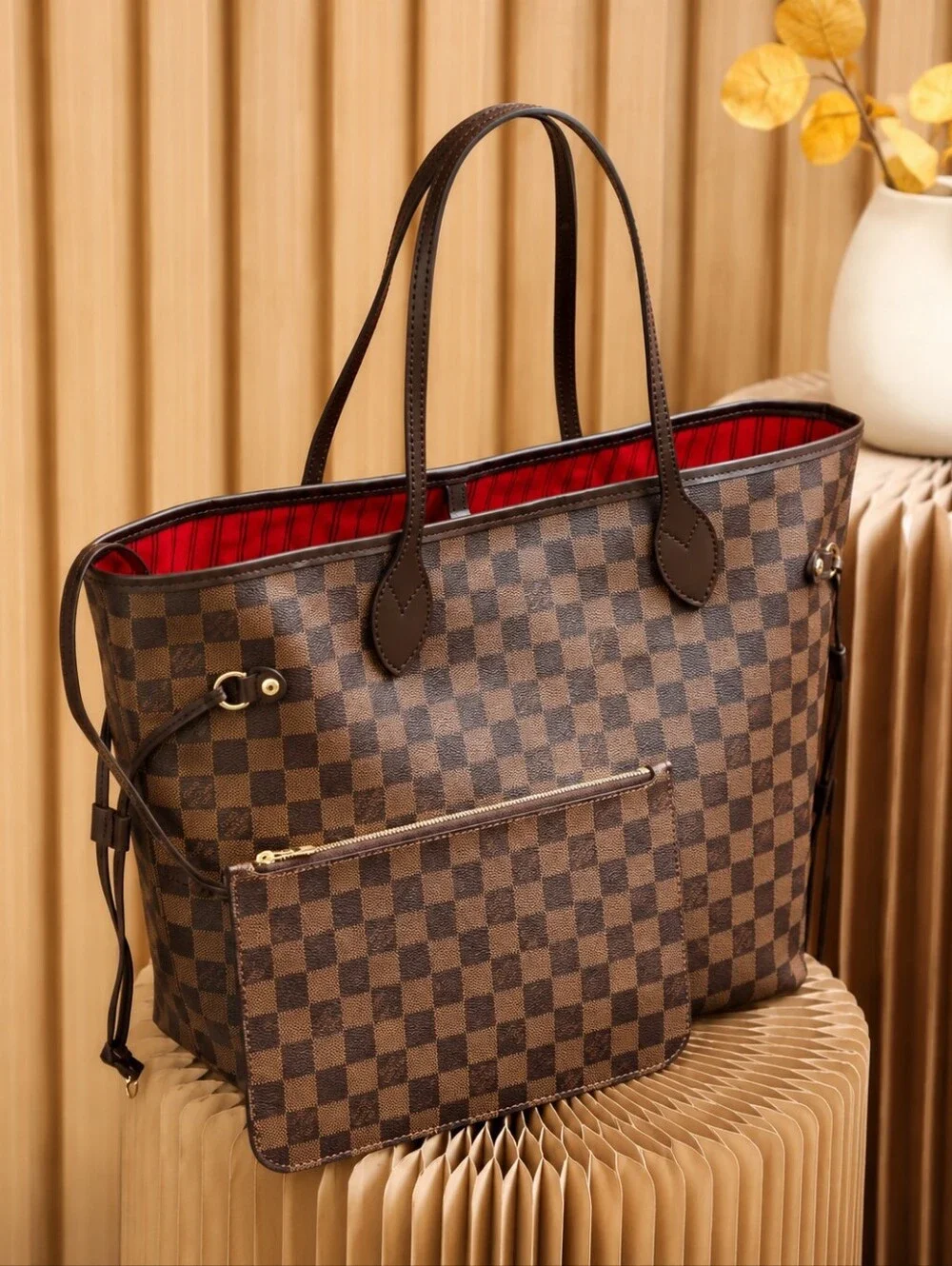 Classic Brown Check Tote Bag with Red Interior